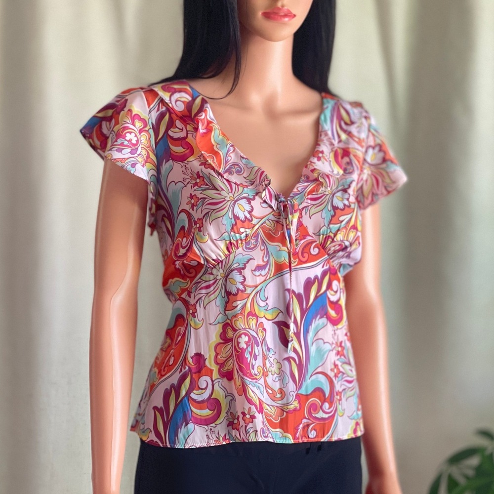 Rose + Olive Womens Pink Paisley Flutter Sleeve Ruffle V-Neck Peplum Blouse M